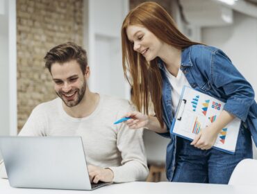 man-woman-discussing-business-project